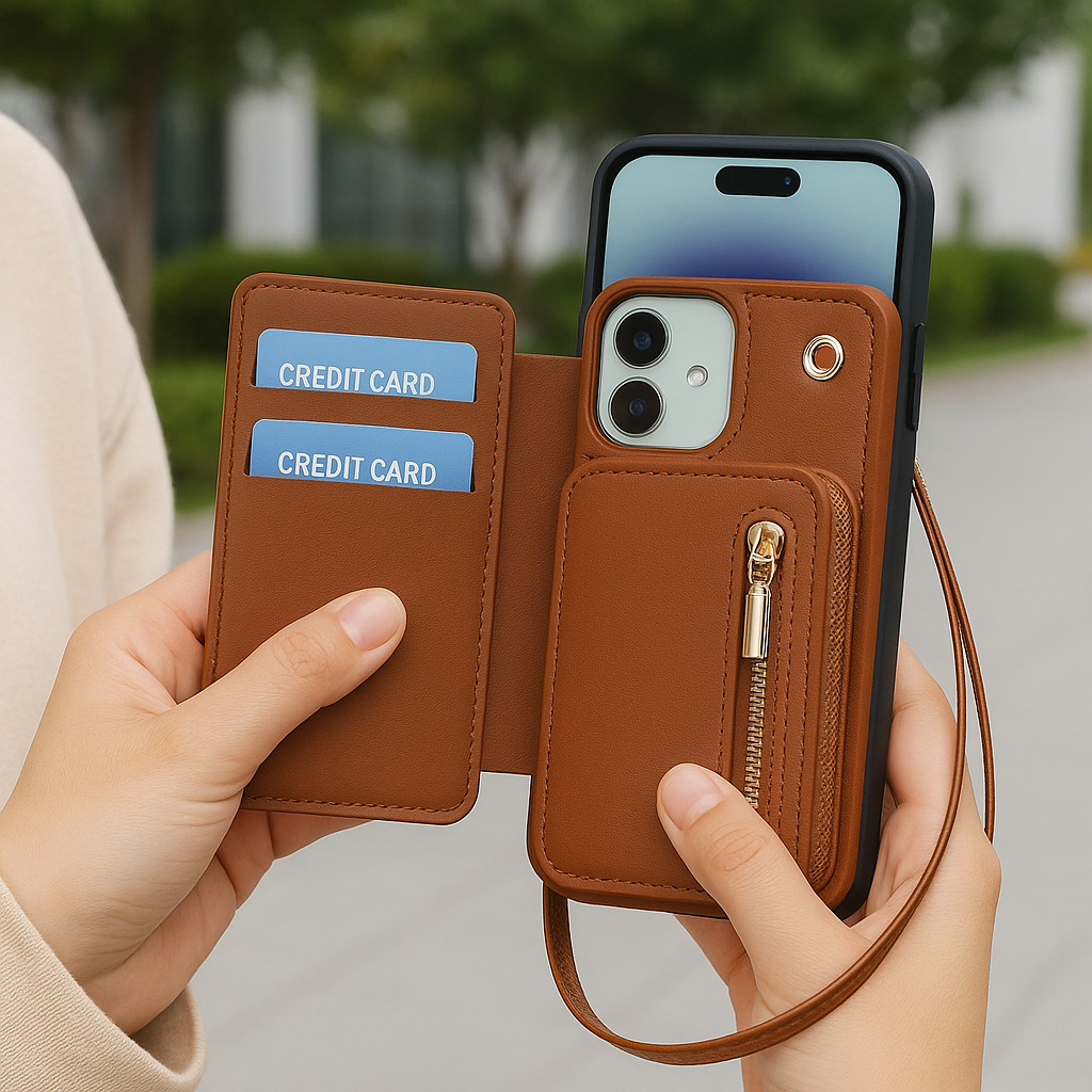 iPhone Wallet Case with Card Holder & Zipper Pouch | Detachable Crossbody Strap