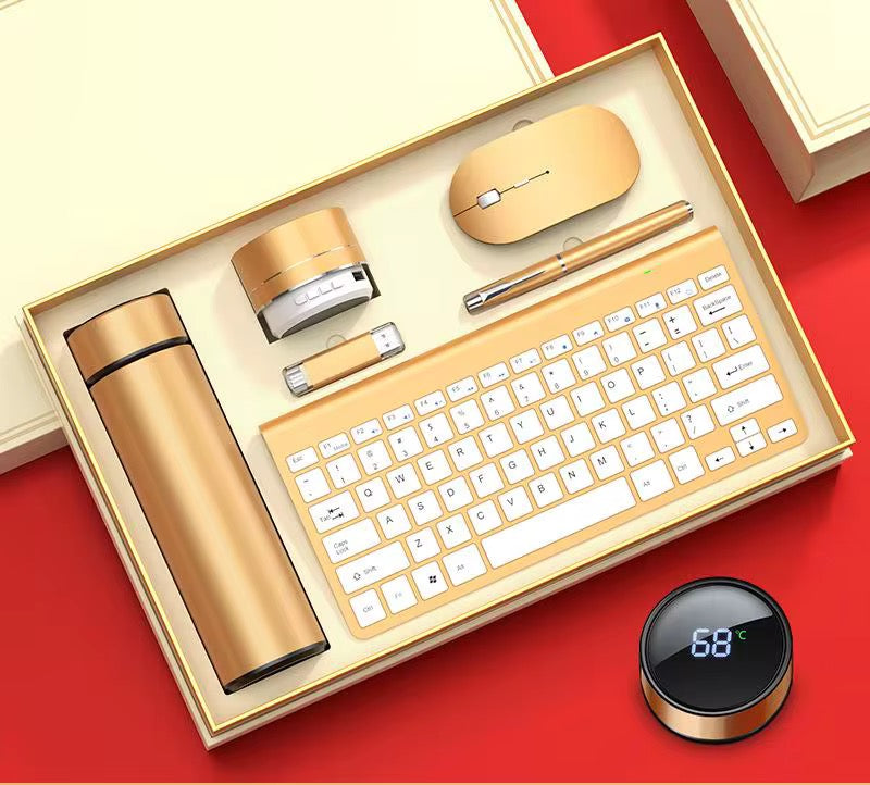Set de regalo de artículos esenciales de oficina de lujo – Teclado y ratón inalámbricos, bolígrafo, termo y accesorios inteligentes