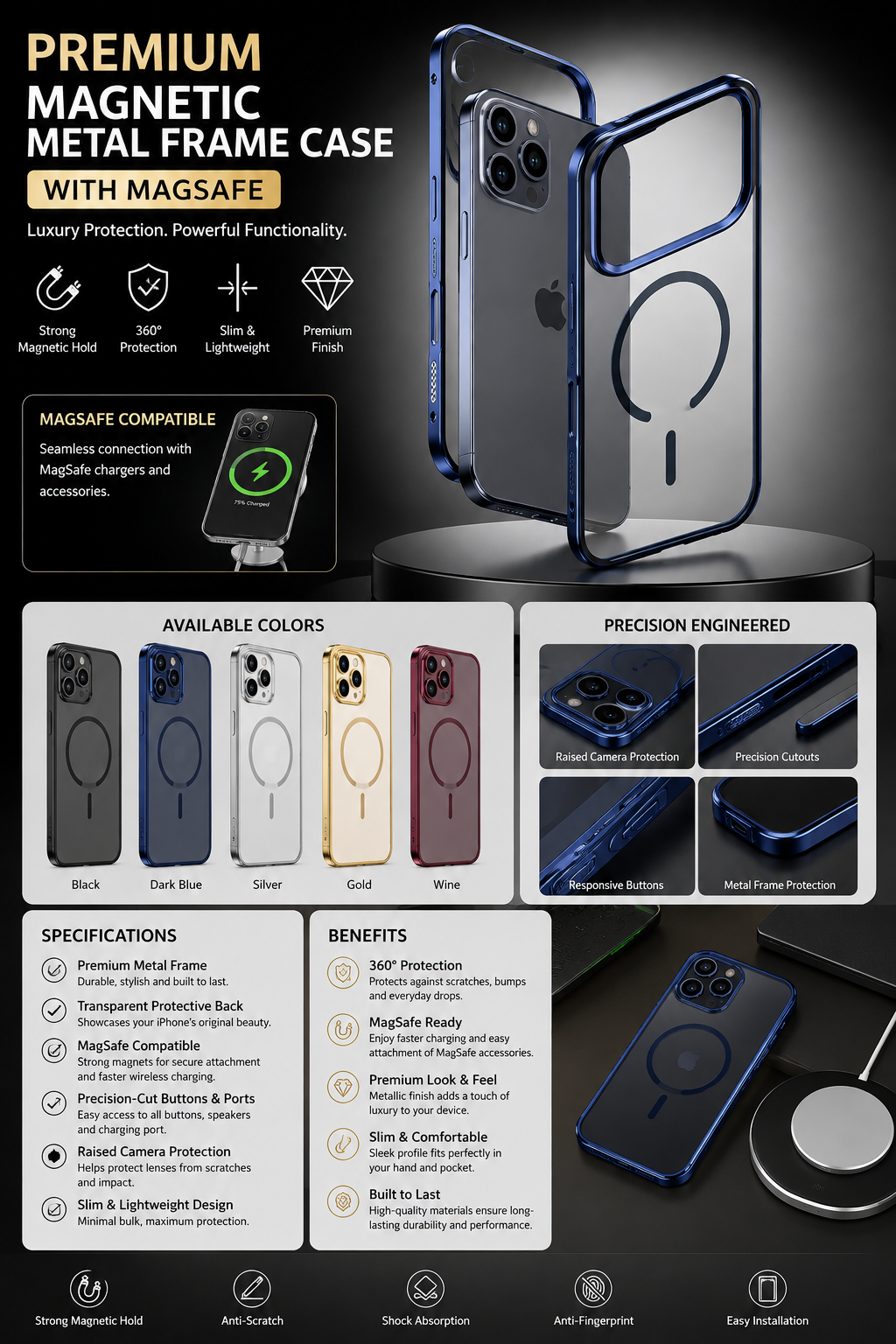 Premium Magnetic Metal Frame Case with MagSafe – Luxury Protective iPhone Case