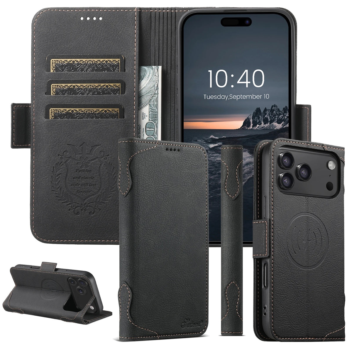 Luxury Vintage Leather Wallet Case for iPhone - MagSafe Compatible Wireless Charging, Card Holder Slots, Cash Pocket & Built-in Kickstand Cover