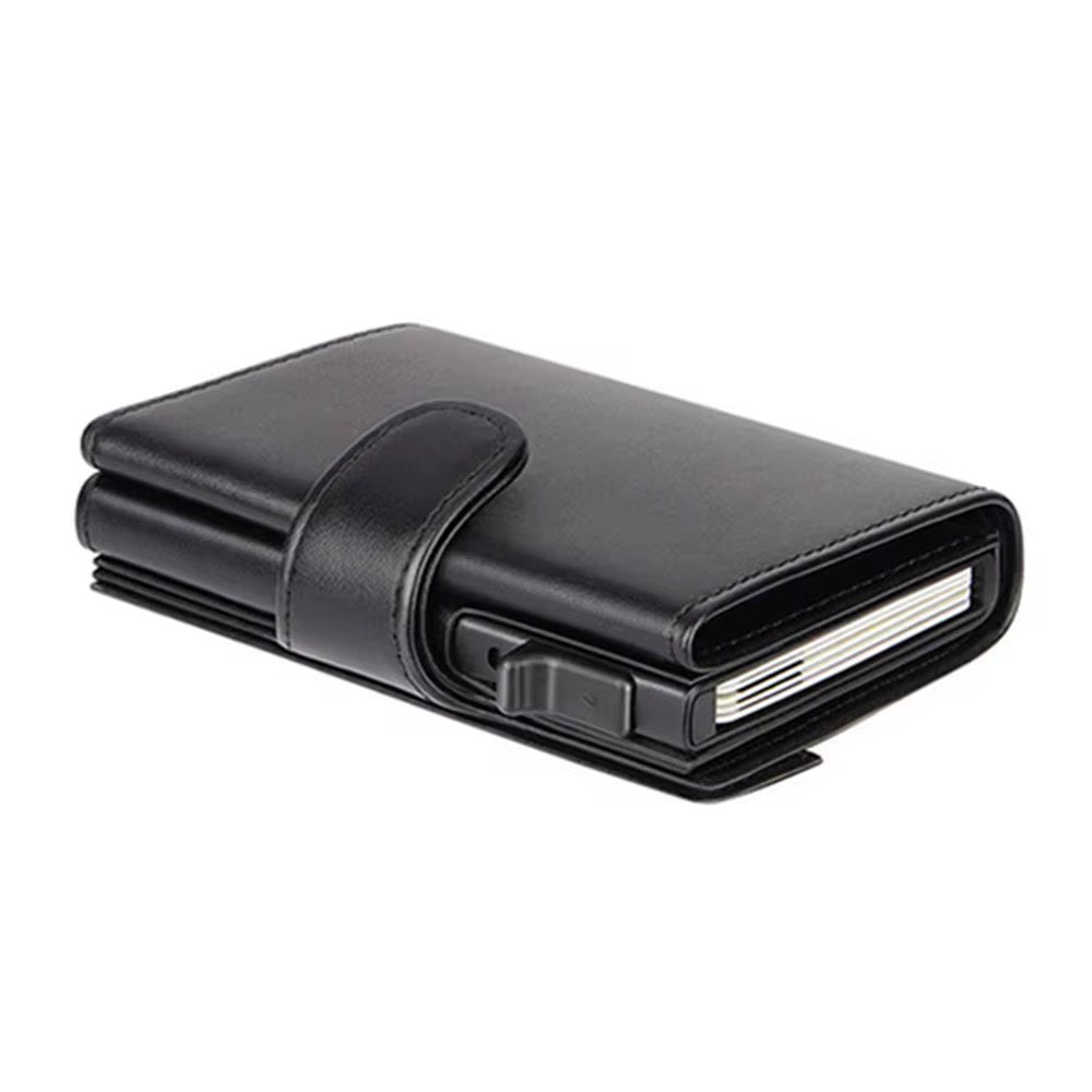 Slim Minimalist Leather Card Case – Pop-Up Credit Card Holder with RFID Protection & Button Closure