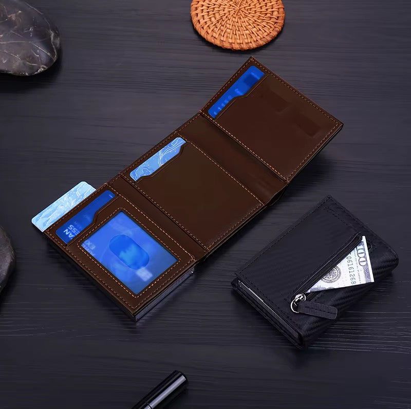 Modern Men's Slim Leather Trifold Wallet – Zippered Coin Pouch & Multi-Card Holder