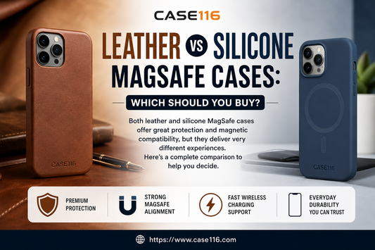 Leather vs silicone MagSafe case comparison for iPhone |Premium leather MagSafe case on iPhone 16 Pro Max  | https://www.case116.com/collections/iphone-cases-magsafe-compatible-leather-clear-metal-cases  