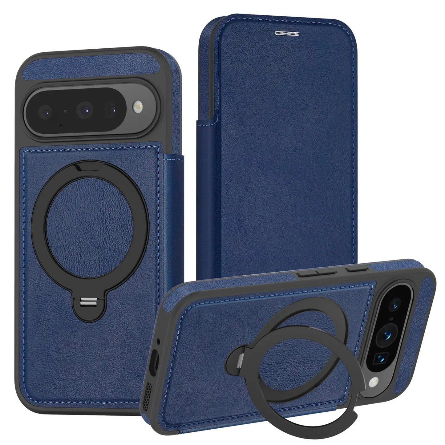 Premium Dual-Sided Leather Wallet Case with 360° Magnetic Ring Stand for Google Pixel