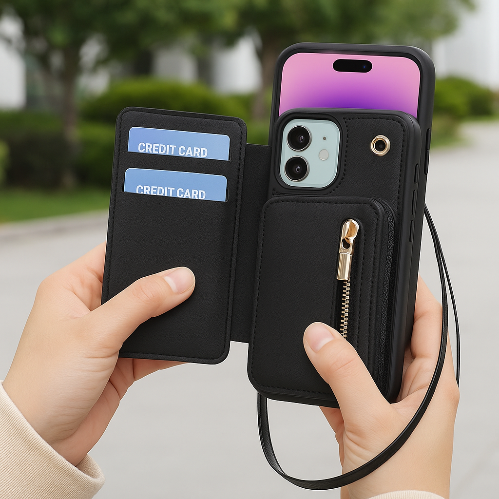 iPhone Wallet Case with Card Holder & Zipper Pouch | Detachable Crossbody Strap