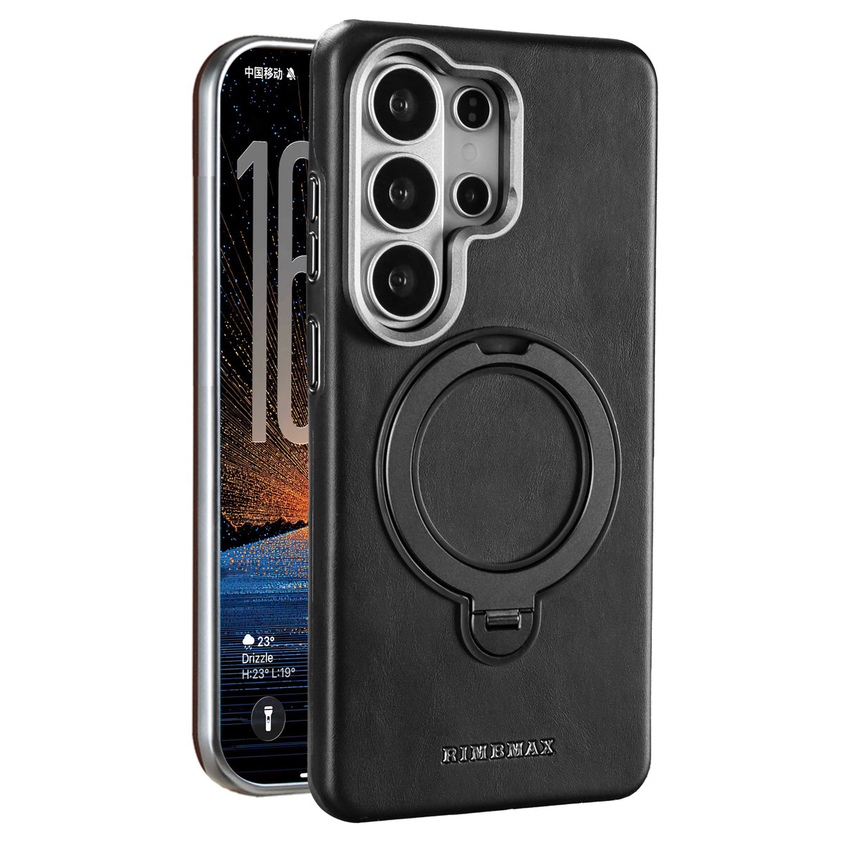 Leather MagSafe Case with Built-in Foldable Ring Stand & Metallic Camera Guard for Samsung Galaxies