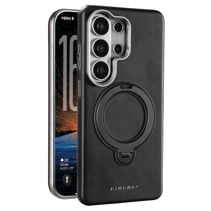Leather MagSafe Case with Built-in Foldable Ring Stand & Metallic Camera Guard for Samsung Galaxies