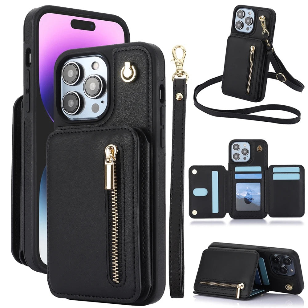 iPhone Wallet Case with Card Holder & Zipper Pouch | Detachable Crossbody Strap