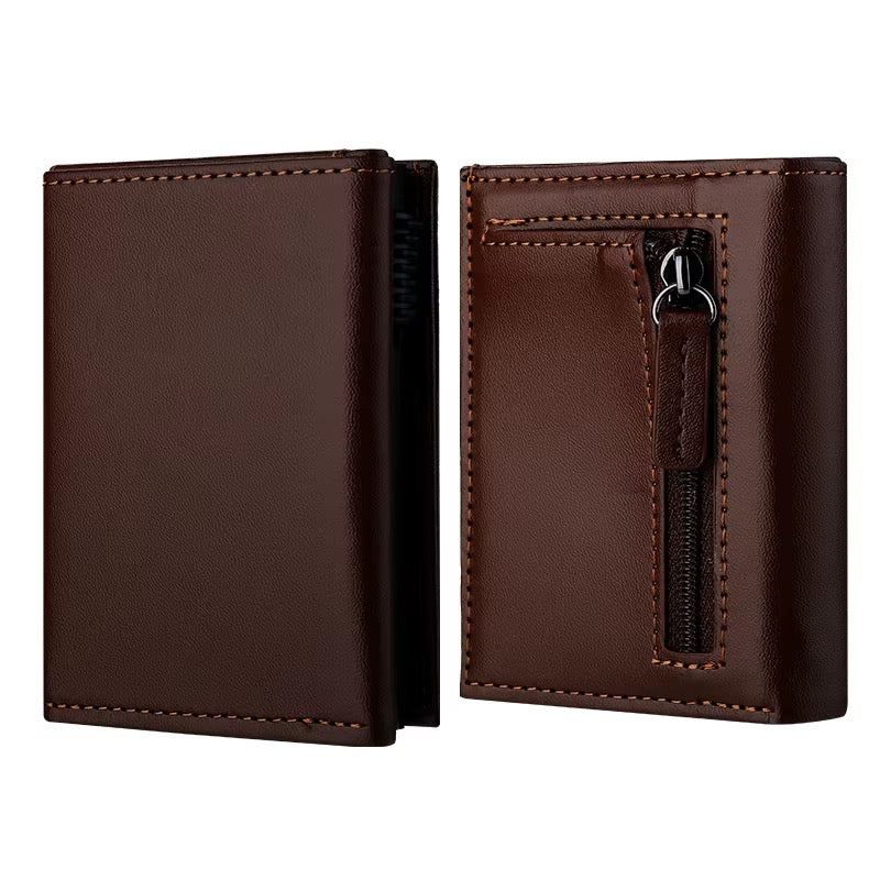 Modern Men's Slim Leather Trifold Wallet – Zippered Coin Pouch & Multi-Card Holder