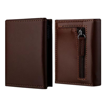 Modern Men's Slim Leather Trifold Wallet – Zippered Coin Pouch & Multi-Card Holder