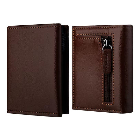 Modern Men's Slim Leather Trifold Wallet – Zippered Coin Pouch & Multi-Card Holder
