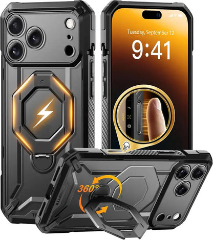 Rugged Magnetic iPhone Case with Rotating Stand – Heavy Duty Shockproof Protection | rugged iphone case with stand | magsafe rugged iphone case | iphone case with rotating stand | heavy duty iphone case with stand | magnetic rugged iphone case | shockproof rugged iphone case | military grade iphone case| durable iphone case with stand | protective iphone case rugged | 360° rotating iphone case | Iphone 17 Pro Max case | Black color iphone case