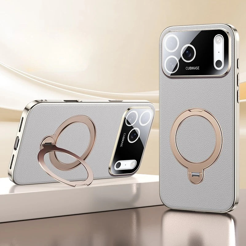 Premium Shockproof Leather iPhone Case with 360° Ring Stand – Strong Grip, Full Protection & Stylish Finish