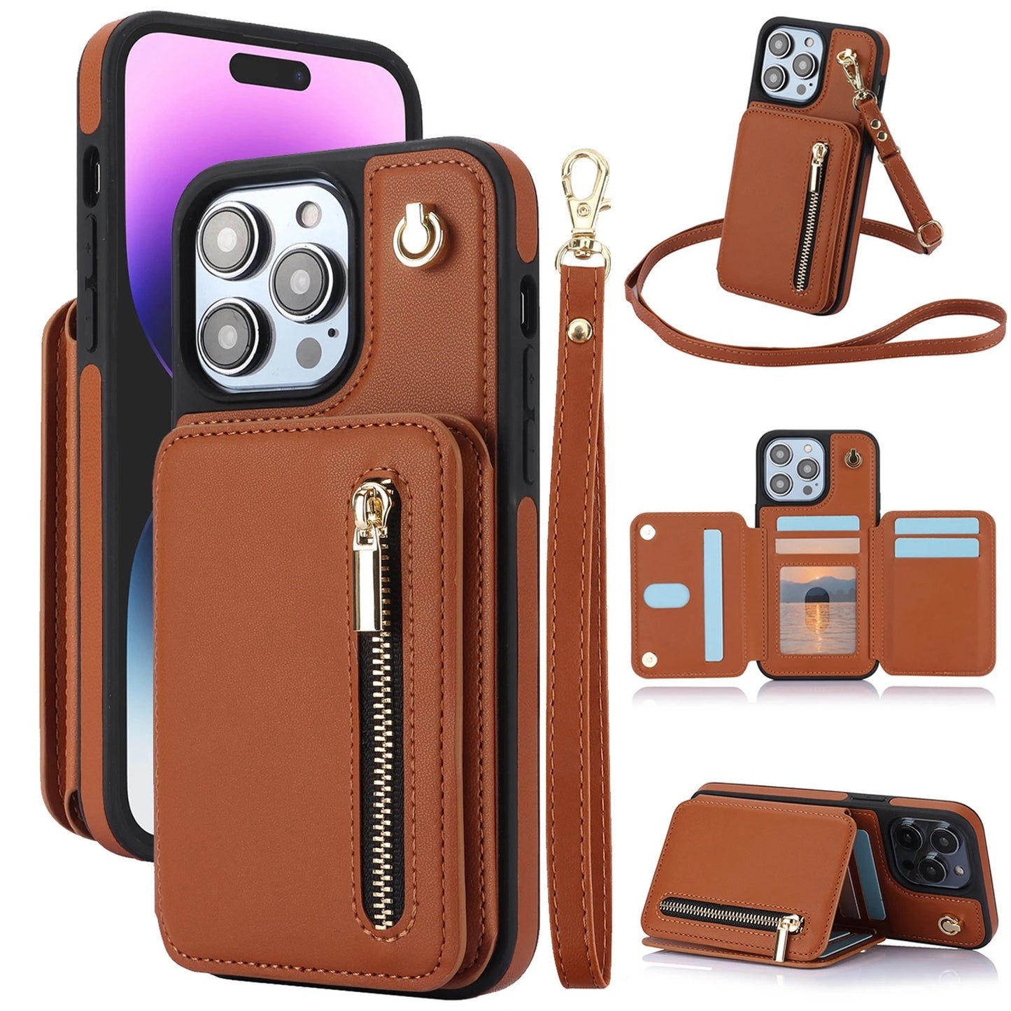 iPhone Wallet Case with Card Holder & Zipper Pouch | Detachable Crossbody Strap
