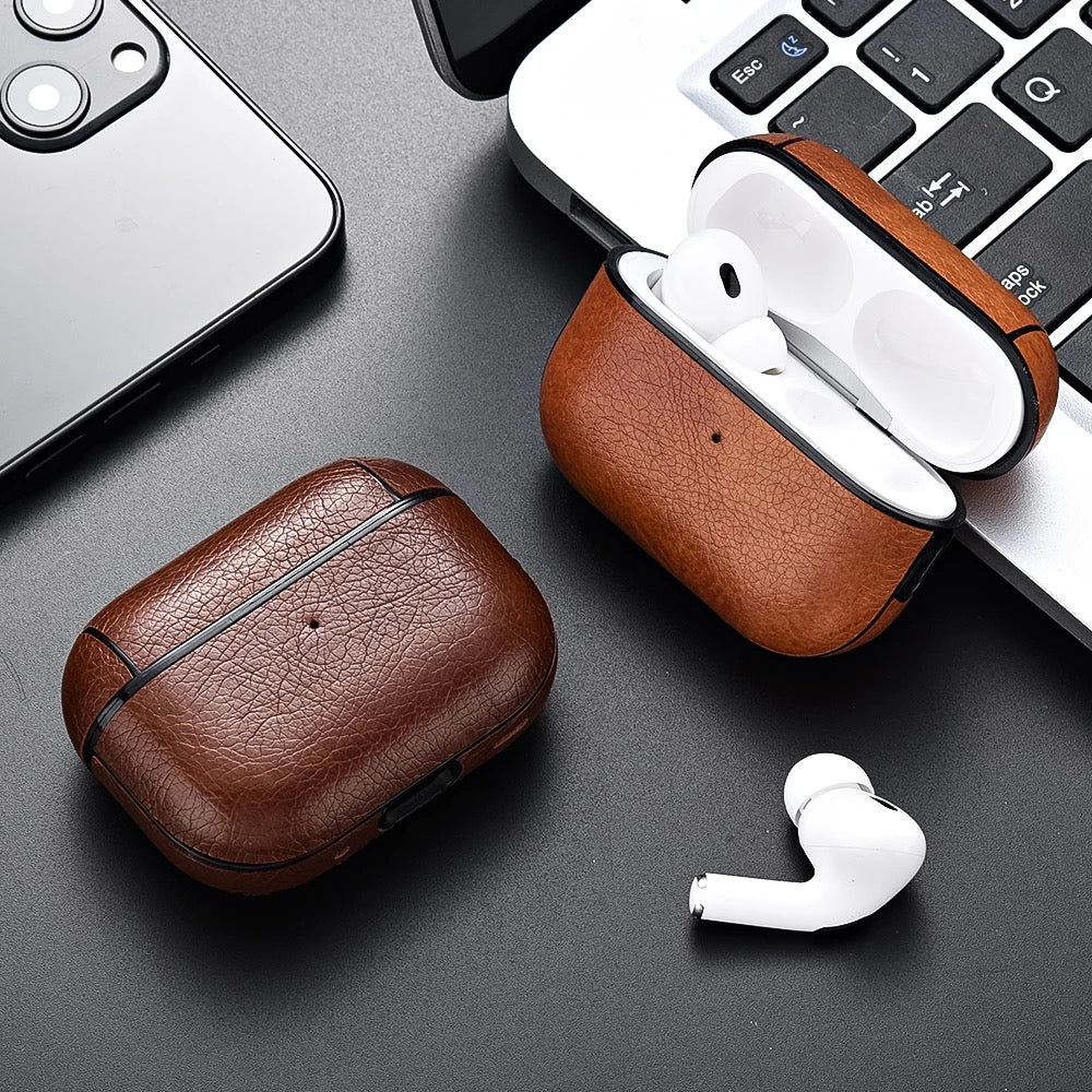 Luxury Leather AirPods Case – Shockproof Cover with Carabiner Clip