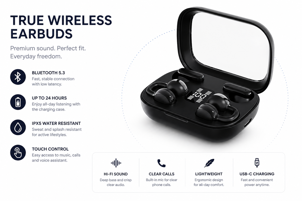 Dual-Pair Wireless Earphones – Open-Ear Clip & Classic Fit with Smart LED Case