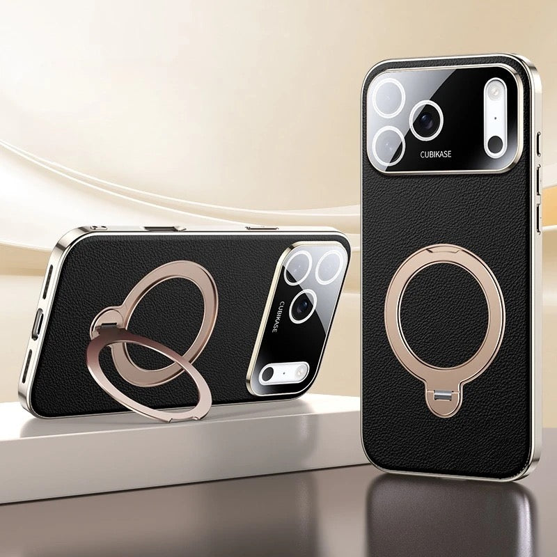 Premium Shockproof Leather iPhone Case with 360° Ring Stand – Strong Grip, Full Protection & Stylish Finish