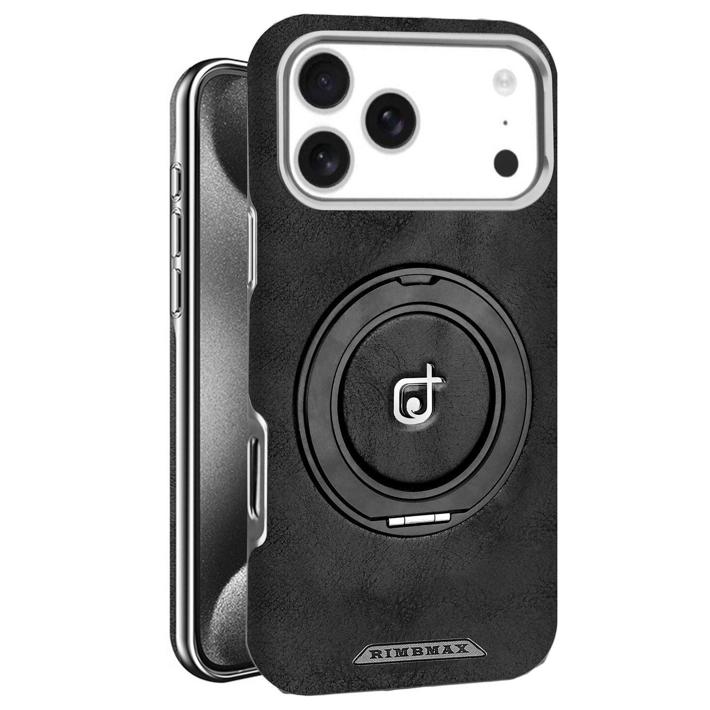 Black phone case with a circular design and visible brand logo on a white background