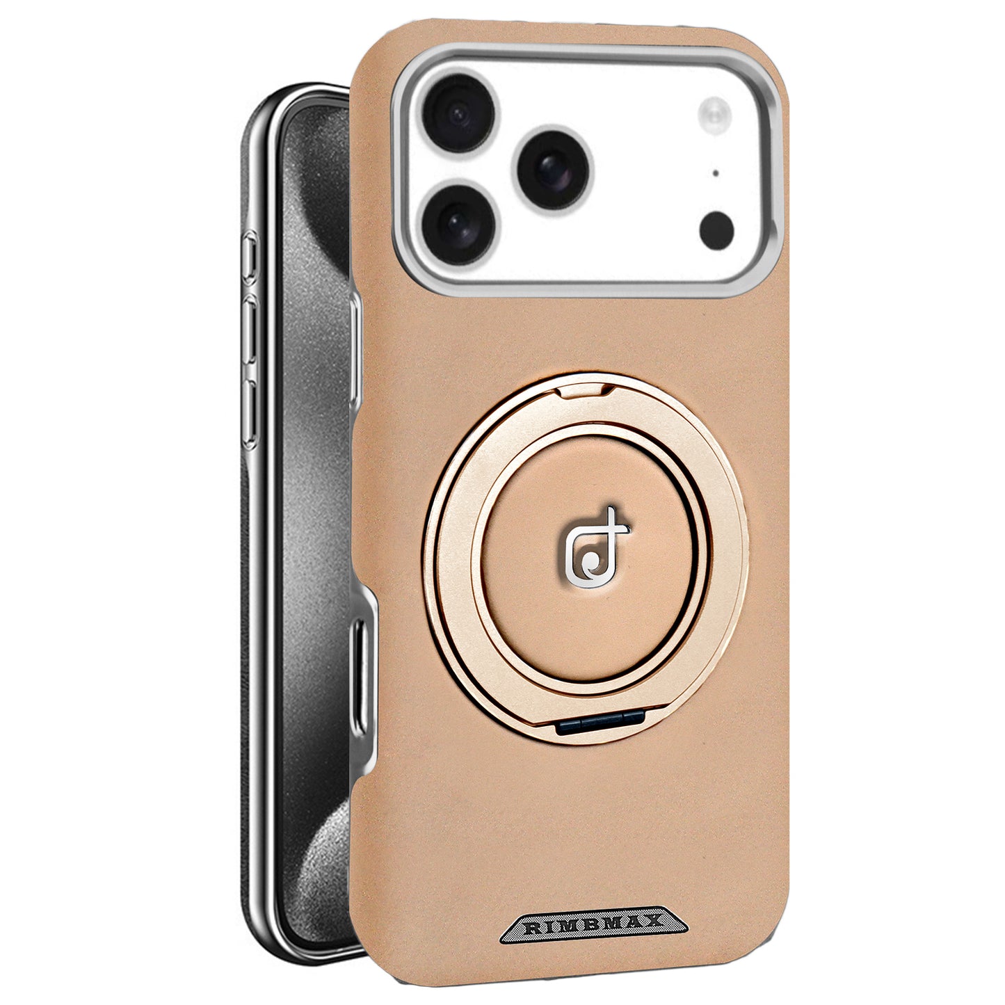 Beige phone case with a circular design and 'RIMMAX' branding on a white background