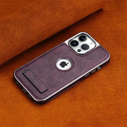 Luxury Leather Kickstand Phone Case for iPhone 16 15 14 13 12 11 Pro Max– Slim Metal Bumper Cover