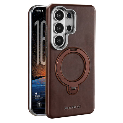 Leather MagSafe Case with Built-in Foldable Ring Stand & Metallic Camera Guard for Samsung Galaxies