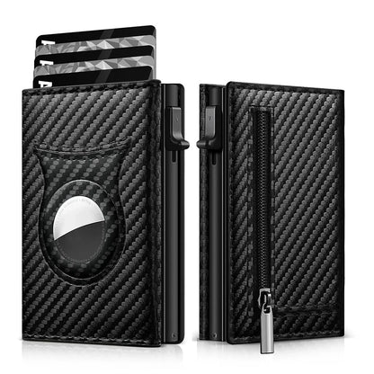 Minimalist Carbon Fiber Wallet – Pop-Up Credit Card Holder with AirTag Slot & Zipper Pocket