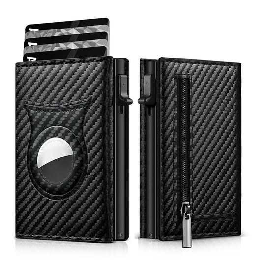 Minimalist Carbon Fiber Wallet – Pop-Up Credit Card Holder with AirTag Slot & Zipper Pocket