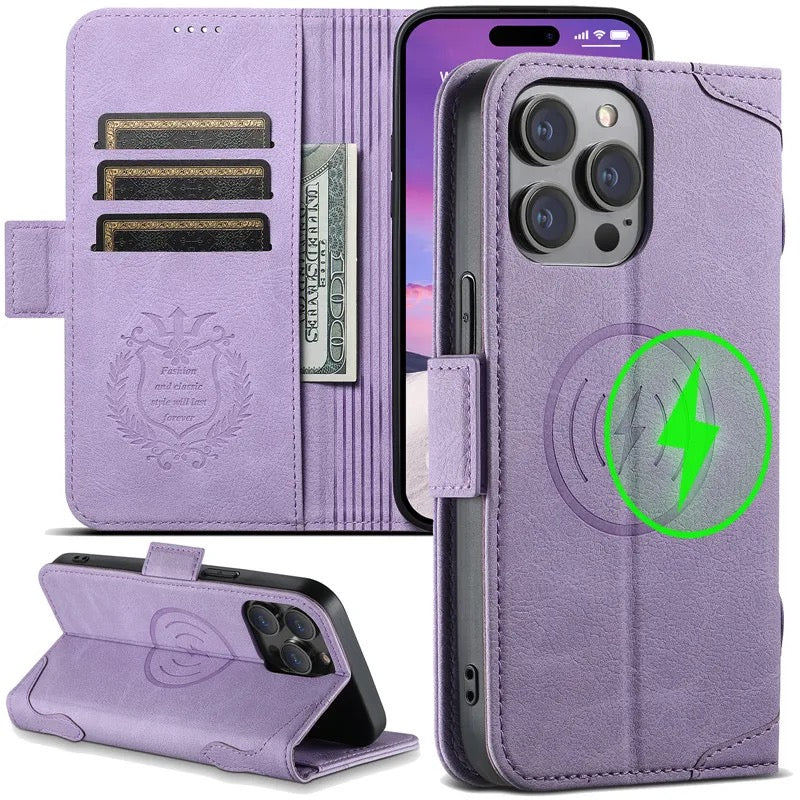 Luxury Vintage Leather Wallet Case for iPhone - MagSafe Compatible Wireless Charging, Card Holder Slots, Cash Pocket & Built-in Kickstand Cover