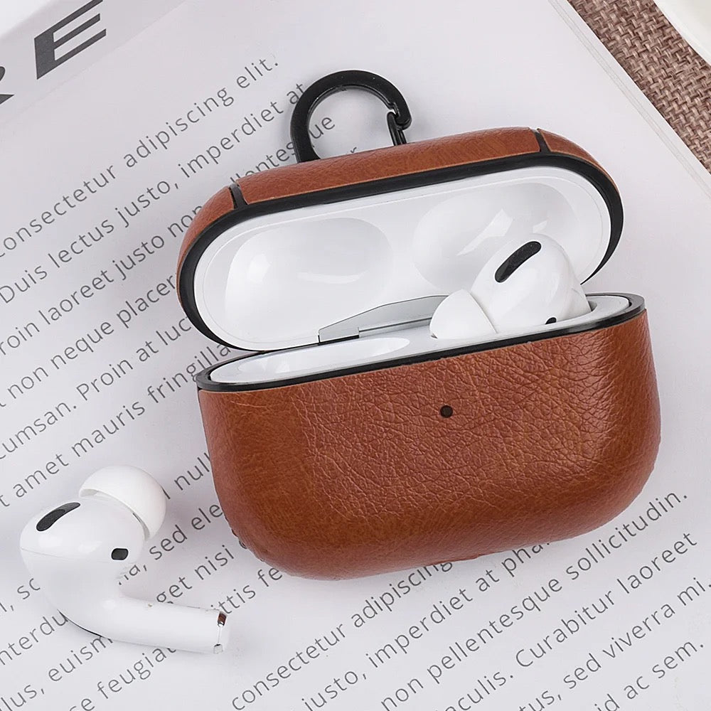 Luxury Leather AirPods Case – Shockproof Cover with Carabiner Clip