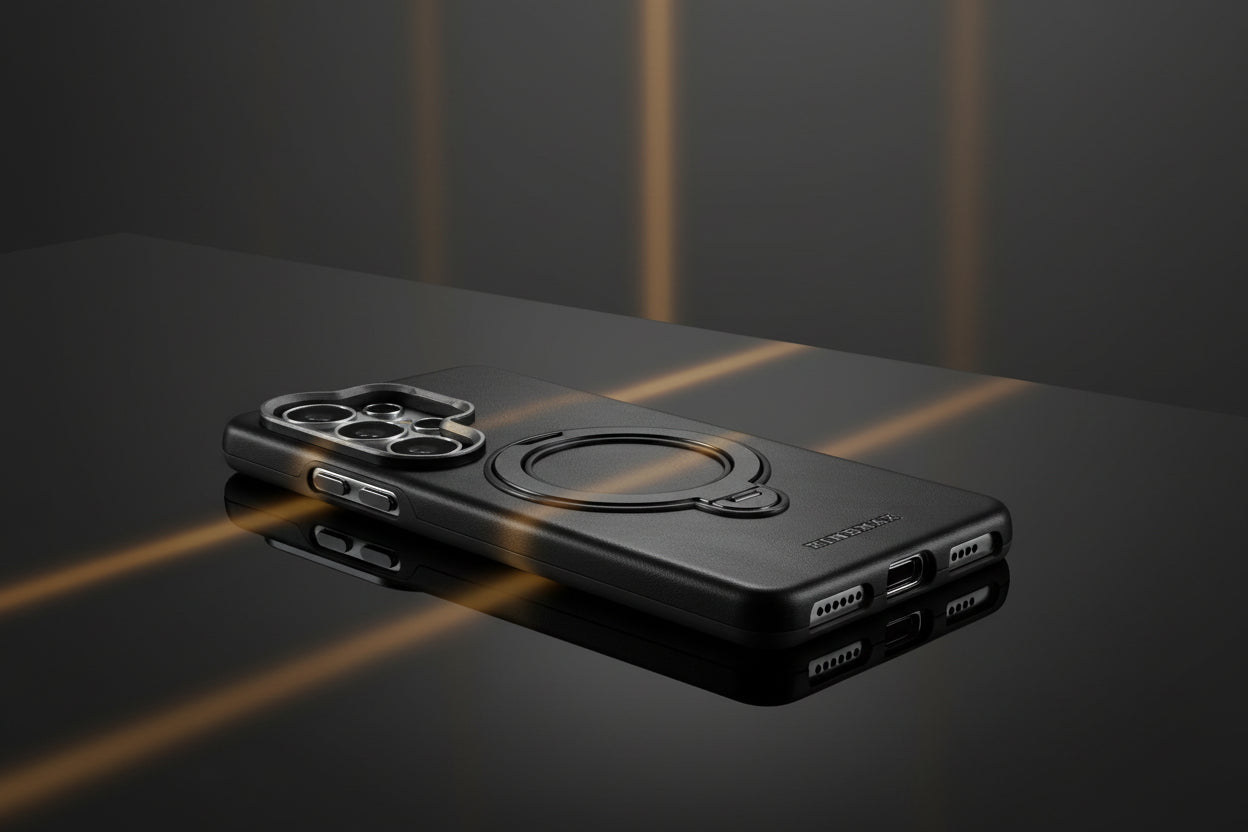 Leather MagSafe Case with Built-in Foldable Ring Stand & Metallic Camera Guard for Samsung Galaxies