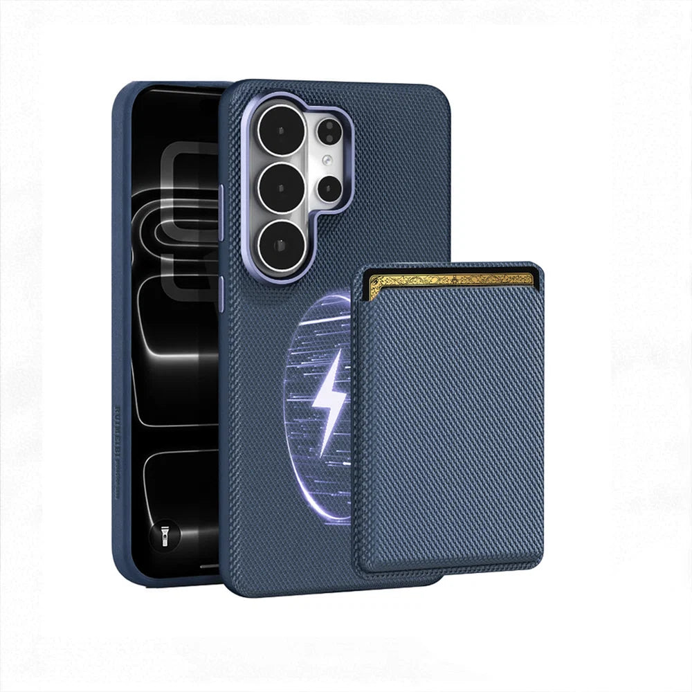 Étui magnétique de luxe en cuir texturé avec portefeuille amovible pour Samsung Galaxy — Protection métallique pour objectif d'appareil photo