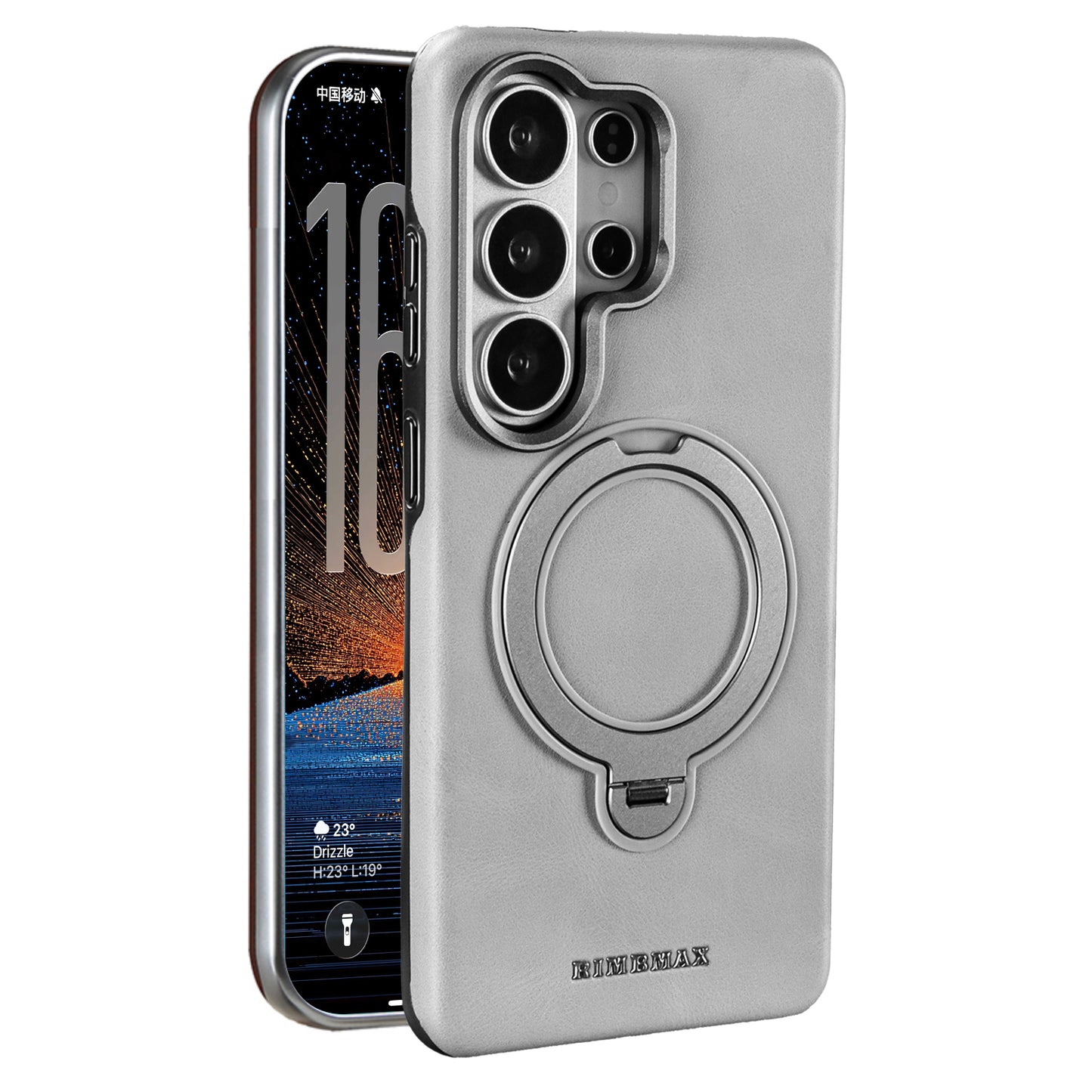Leather MagSafe Case with Built-in Foldable Ring Stand & Metallic Camera Guard for Samsung Galaxies