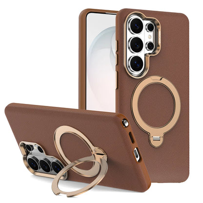 Luxury Textured Leather Magnetic Kickstand Case for Samsung Galaxies series — Built-in 360° Rotating Ring Stand & Metallic Camera Lens Guard