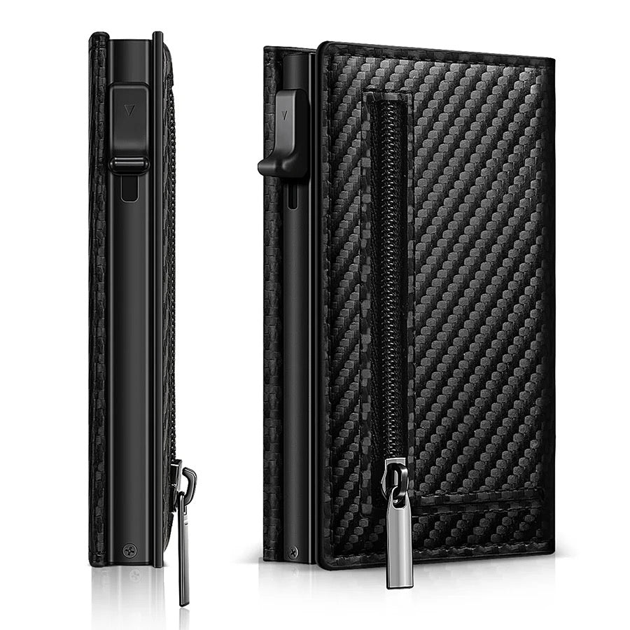 Minimalist Carbon Fiber Wallet – Pop-Up Credit Card Holder with AirTag Slot & Zipper Pocket