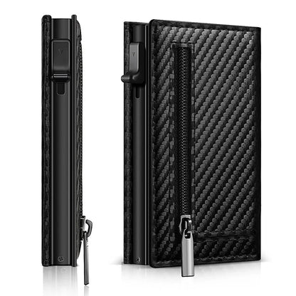 Minimalist Carbon Fiber Wallet – Pop-Up Credit Card Holder with AirTag Slot & Zipper Pocket