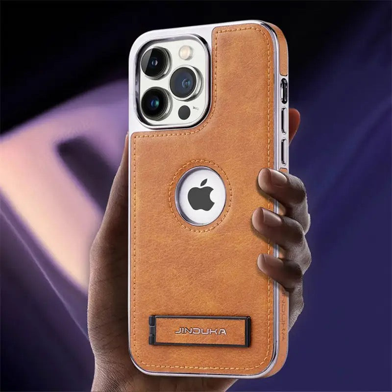 Luxury Leather Kickstand Phone Case for iPhone 16 15 14 13 12 11 Pro Max– Slim Metal Bumper Cover