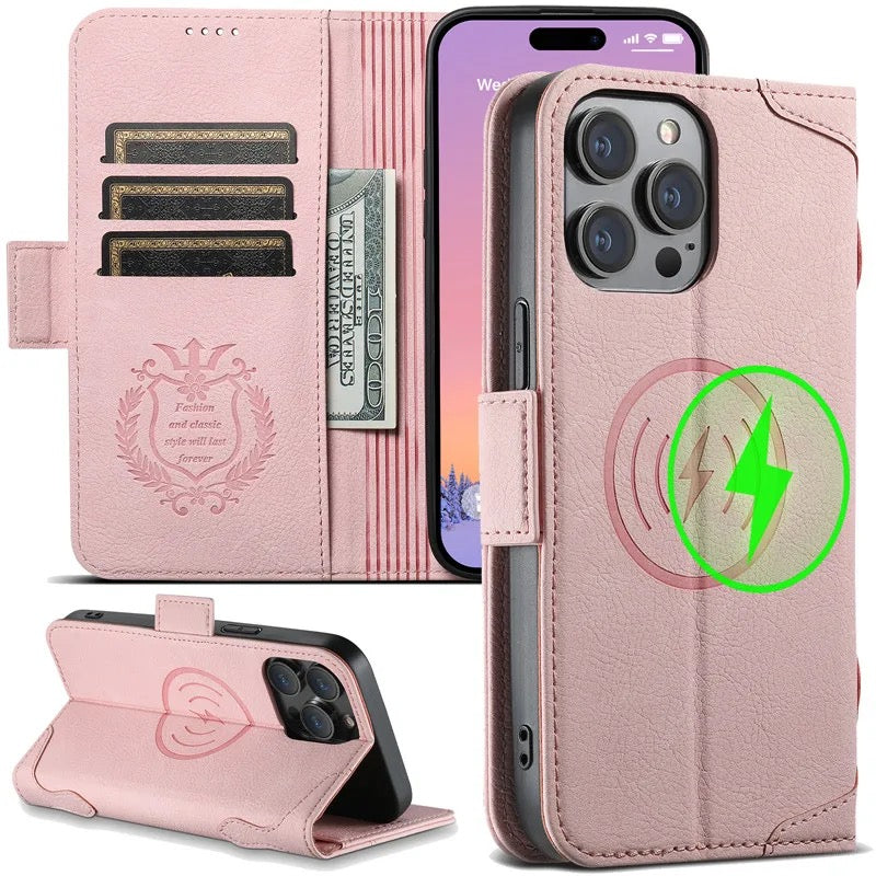 Luxury Vintage Leather Wallet Case for iPhone - MagSafe Compatible Wireless Charging, Card Holder Slots, Cash Pocket & Built-in Kickstand Cover