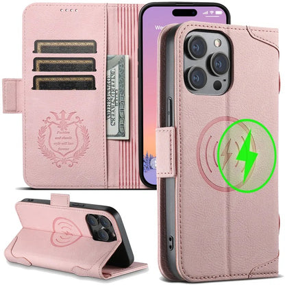 Luxury Vintage Leather Wallet Case for iPhone - MagSafe Compatible Wireless Charging, Card Holder Slots, Cash Pocket & Built-in Kickstand Cover