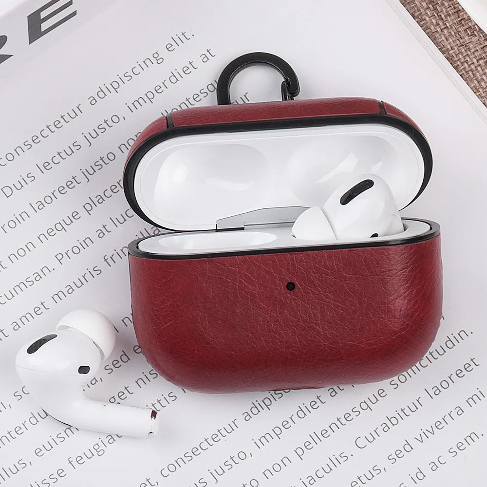 Luxury Leather AirPods Case – Shockproof Cover with Carabiner Clip