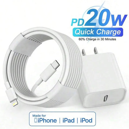 20W PD Fast Charger for iPhone – Ultra-Fast 60% Charge in 30 Minutes - Durable USB-C to Lightning Cable - Safe & Efficient Power Adapter