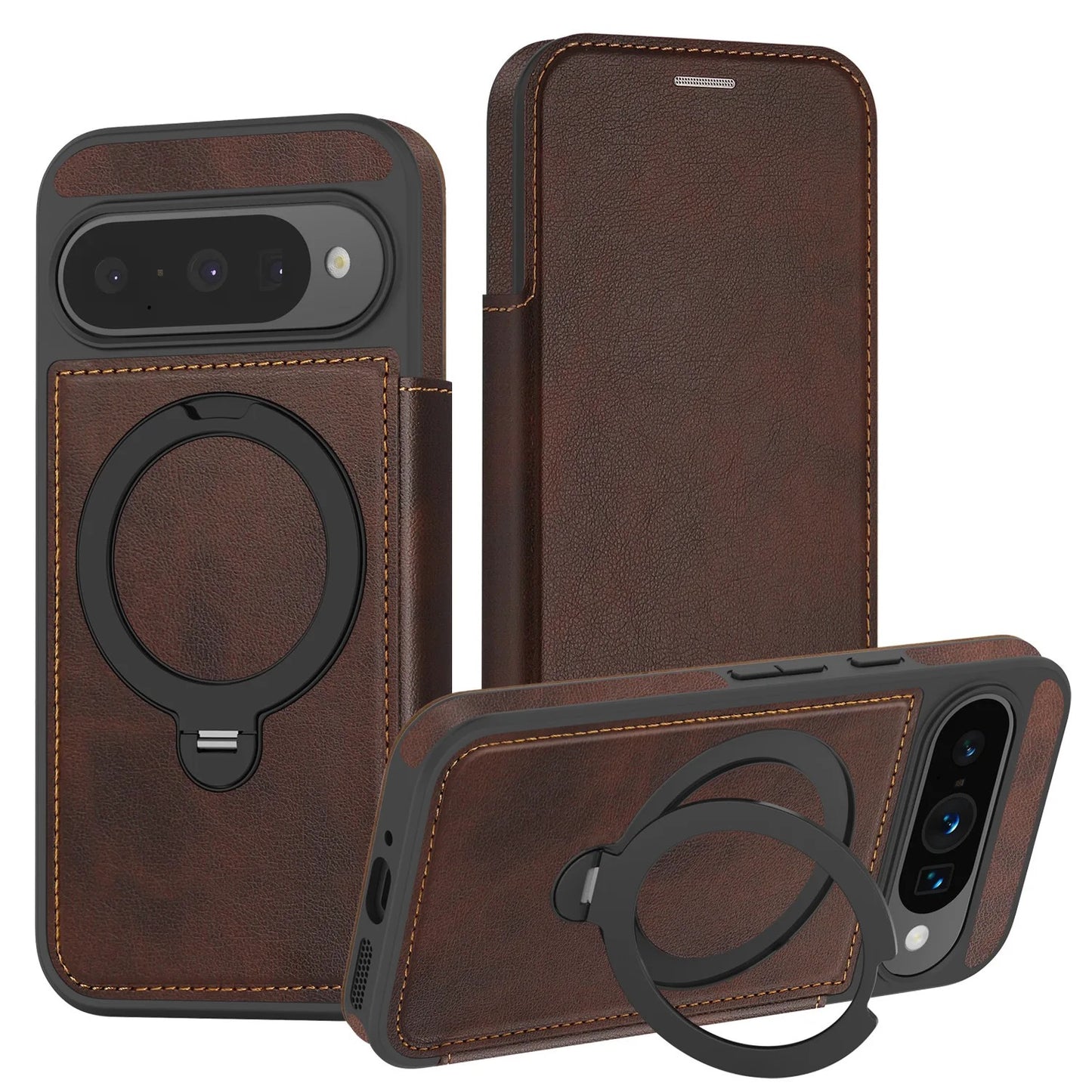Premium Dual-Sided Leather Wallet Case with 360° Magnetic Ring Stand for Google Pixel