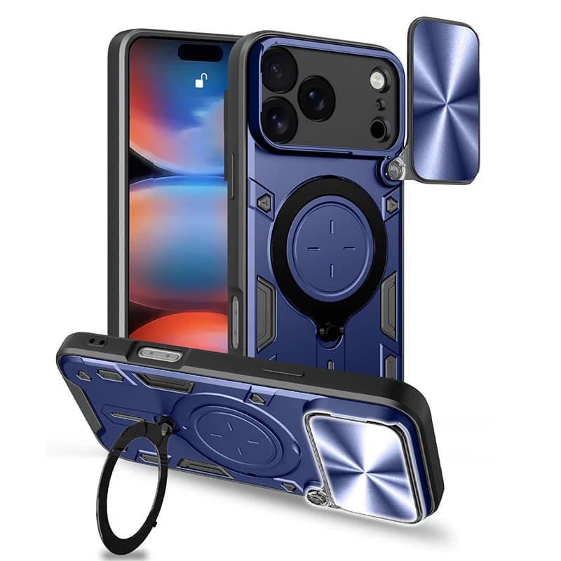 Magnetic Rugged iPhone Case with Camera Lens Cover & 360° Ring Stand