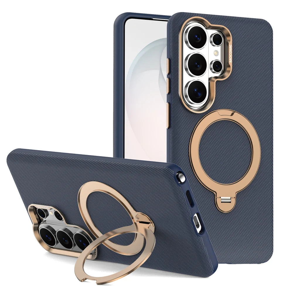 Luxury Textured Leather Magnetic Kickstand Case for Samsung Galaxies series — Built-in 360° Rotating Ring Stand & Metallic Camera Lens Guard