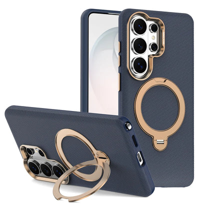 Luxury Textured Leather Magnetic Kickstand Case for Samsung Galaxies series — Built-in 360° Rotating Ring Stand & Metallic Camera Lens Guard
