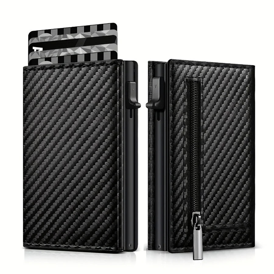 Minimalist Carbon Fiber Wallet – Pop-Up Credit Card Holder with AirTag Slot & Zipper Pocket