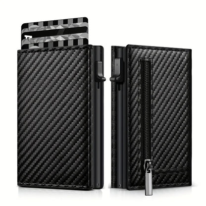 Minimalist Carbon Fiber Wallet – Pop-Up Credit Card Holder with AirTag Slot & Zipper Pocket