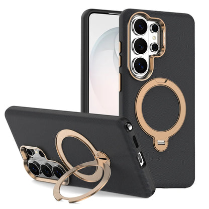 Luxury Textured Leather Magnetic Kickstand Case for Samsung Galaxies series — Built-in 360° Rotating Ring Stand & Metallic Camera Lens Guard