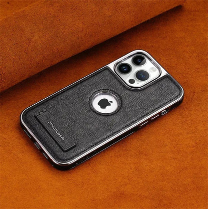 Luxury Leather Kickstand Phone Case for iPhone 16 15 14 13 12 11 Pro Max– Slim Metal Bumper Cover