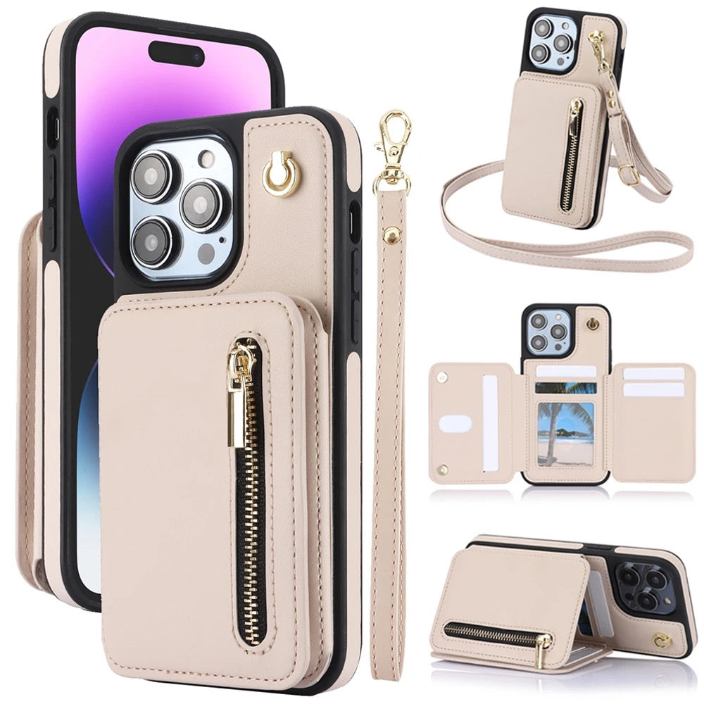 iPhone Wallet Case with Card Holder & Zipper Pouch | Detachable Crossbody Strap