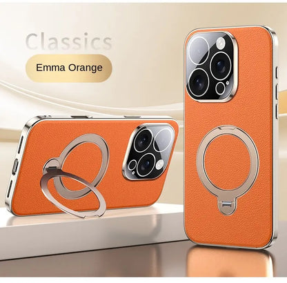 Premium Shockproof Leather iPhone Case with 360° Ring Stand – Strong Grip, Full Protection & Stylish Finish